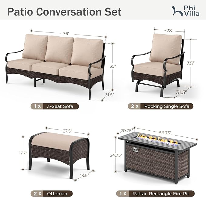 Patio Furniture Set with 56" Fire Pit Table, Premium Outdoor Wicker Metal Frame Furniture with Upgraded Waterproof Thick Cushions for Porch, Poolside, Deck, and Yard （8 Pieces,Beige）