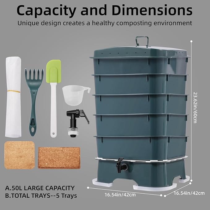 5-Tray Worm Compost Bin, Worm Composter for Outdoor & Indoor, 5-Tray ecocultivatify Wormie's Home Plus, Worm Bin Set for Recycling Household Waste (Dark Green)