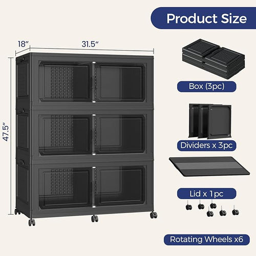 150GAL Storage Bins with Lid and Wheels, Stackable Closet Organizers and Storage Drawer, Collapsible Storage Box with Dividers, Foldable Plastic Cabinets for Room, Kitchen, 3 Pack Black