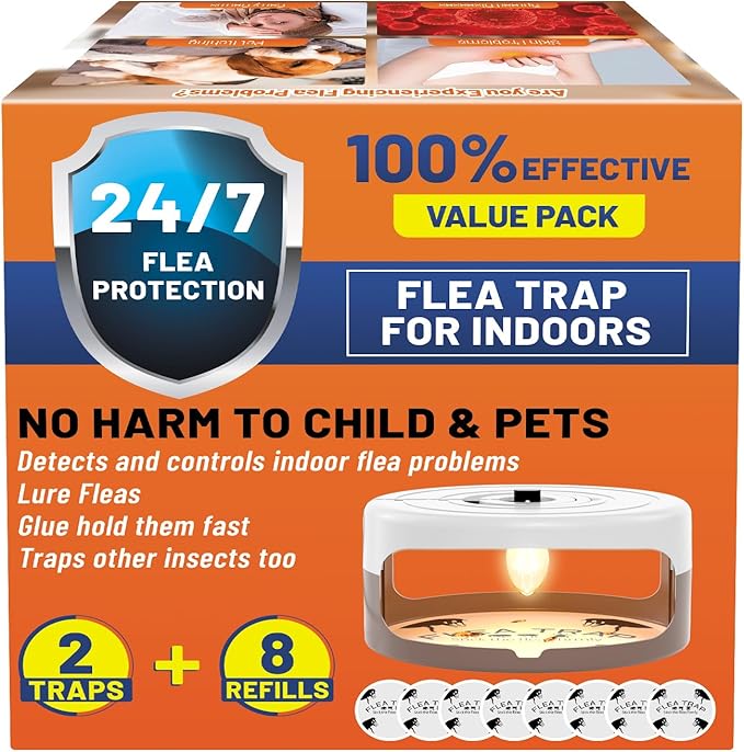 2 Pack Flea Traps for Inside Your Home, Indoor Flea Light, Bed Bug Killer with 8 Sticky Pads & 4 Light Bulb, Odorless Natural Insect Infestation Treatment Trap for Kid Pet