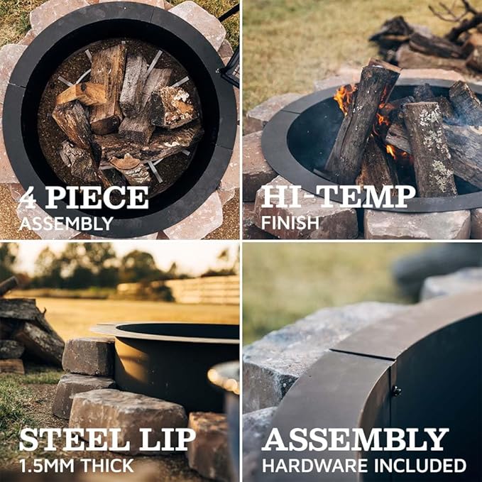 Ash & Ember 33" Outside Dia Steel Fire Pit Liner x 27" Inside - 4 Panel Liner 1.5mm Thick Steel, DIY Above or In-Ground Outdoor Fire Pit, High Temperature Finish, Portable Wood Burning Fire Ring