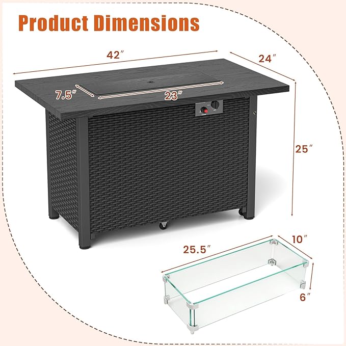 Tangkula Outdoor Propane Fire Pit Table, 42 Inch Rectangular Rattan Fire Table with Wind Guard & Glass Rocks, 50,000 BTU Smokeless Gas Fire Pit for Outside Patio (Black)