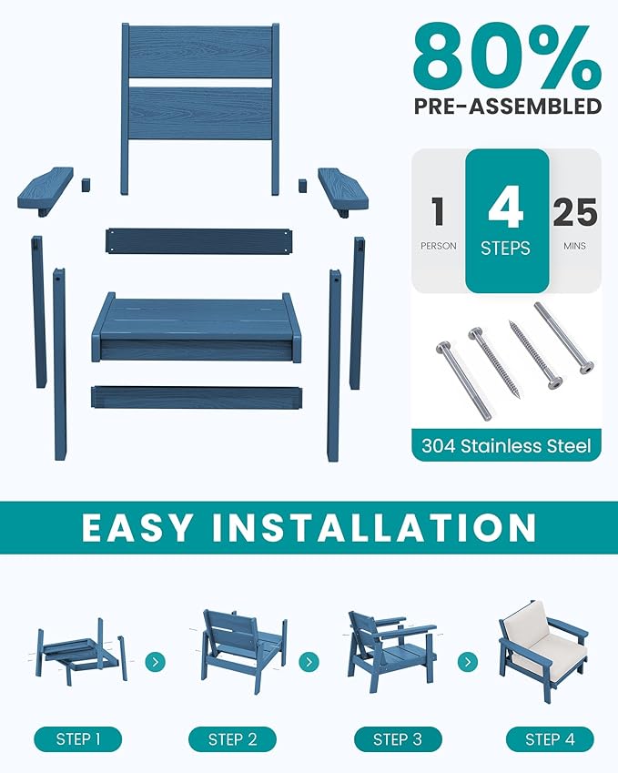 SERWALL HDPE Outdoor Furniture Set, 7 Piece All Weather Wood-Like Outdoor Sofa Sectional Couch, Blue Patio Furniture Set with Khaki Cushions
