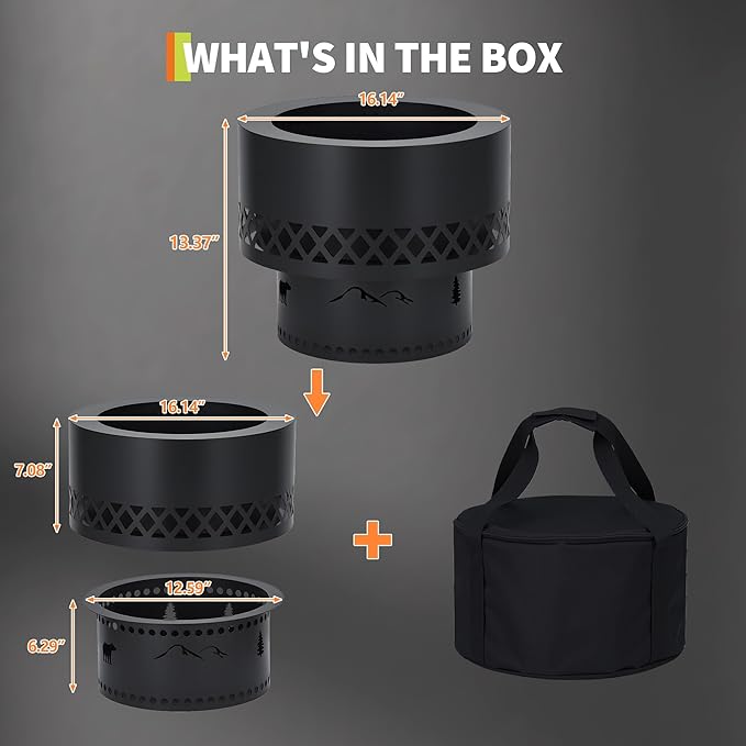 16 Inch Smokeless Fire Pit, Wood Burning Outdoor Fireplace with Removable Ash Pan & Dust Bag - Ideal for Patio BBQ, Bonfire, Camping