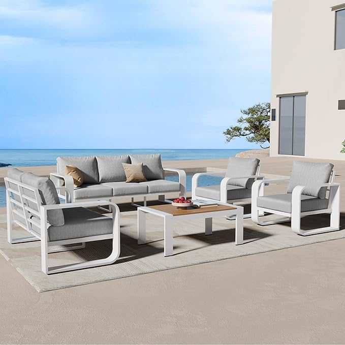 Oasbira Aluminum Outdoor Patio Furniture Set, 5 Piece Oversized Patio Conversation Sets Widened Armrest & Ultra-Thick Cushions, Heavy Duty Modern Sectional Furniture for Backyard, Porch, White