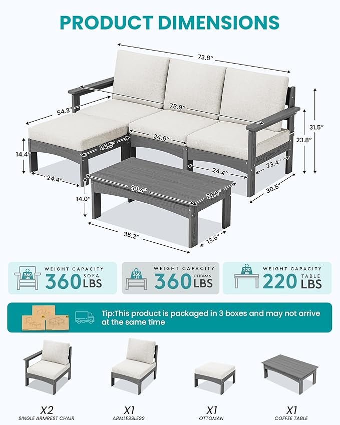 SERWALL 7-Piece Patio Sofa Set with 15FT Double Side Patio Umbrella, Outdoor Furniture Set, All-Weather HDPE Sectional Conversation Set, Large Modular Sofas for Garden, Grey Frame with Khaki Cushion
