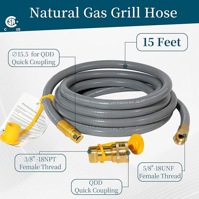 15FT 3/8” ID Natural Gas Grill Hose with Quick Connect Fittings, Natural Gas Hose for Weber, Char-Broil, Pizza Ovens, Patio Heaters.