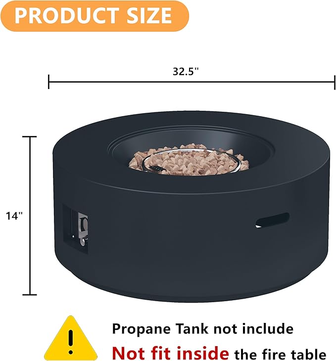 32 inch Round Propane Fire Table, 50,000 BTU Gas FirePit, Patio Fire Pit Table with Steel Lid, Rain Cover, 10ft Propane Hose, Lava Rocks, Black