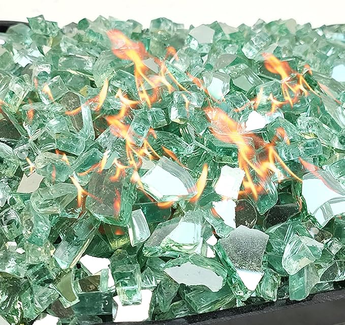Fire Glass for Propane Fire Pit, 1/4 Inch High Reflective Fireplace Glass Rocks for Fire Pit Table, 20 lbs Fire Pit Glass Rocks for Outdoor Fire Table and Landscaping, Light Green