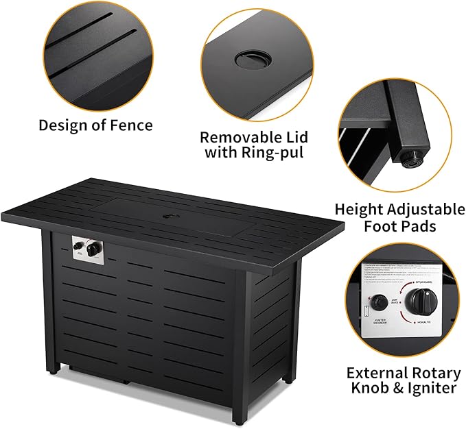 Xbeauty Fire Pit Propane Gas FirePit Table 43" Outdoor Fire Pit Rectangular Tabletop with Lid, Rain Cover, for Outside Garden Backyard Deck Patio