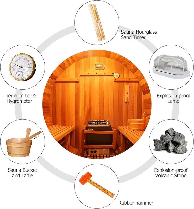 ZONEMEL Outdoor Barrel Steam Sauna, Canadian Hemlock Sauna Room for 6-8 Person, 6KW ETL TOULE Heater, Asphalt Shingles, Canopy Porch, 8mm Tempered Glass, Sauna Stone, Water Bucket, Ladle, Light, 220V