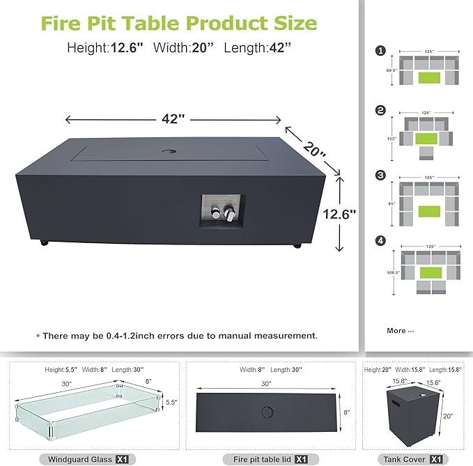 Dineli 2-Piece Outdoor Propane Fire Pit Table Set w Tank Table 42'' Rectangular Firepit Gas Fire Pits for Outside Patio Fire Table Tabletop Fire Pits w LED, 50,000 BTU, Black