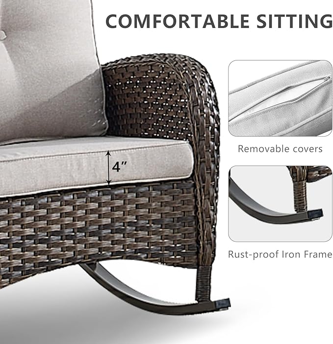 HUMMUH 5 Pieces Wicker Patio Furniture Set,Outdoor Rocker Chairs,Patio Ottomans,Glass Top Side Table,Outdoor Conversation Set for Porch Deck Backyard Poolside