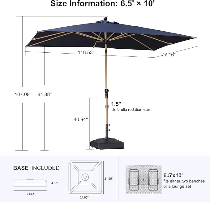 PURPLE LEAF 6.5' x 10' Outdoor Umbrella with Base Patio Umbrella Rectangular Outdoor Table Umbrella with Push Button Tilt & Crank and 8 Ribs Aluminum Market Umbrella for Backyard Deck, Navy Blue