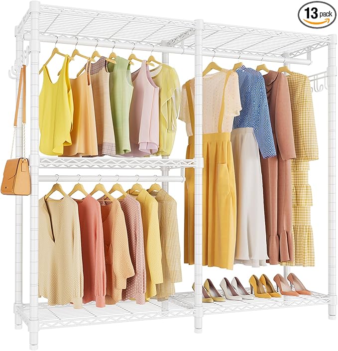 VIPEK V4 Garment Rack for Hanging Clothes, Portable Wardrobe Freestanding Closet Organizer, Heavy Duty Clothes Rack Metal Clothing Rack with 3 Hanging Rods & 2 Side Hooks, Max Load 810lbs, White