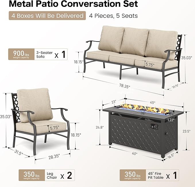 SUNSHINE VALLEY Patio Furniture Set with Firepit Table, 4 Piece Metal Outdoor Patio Furniture, 2 Single Chairs and 3 Seater Sofa with 5.75" Extra Thick Cushion and Gas Firepit Table for Backyard Deck