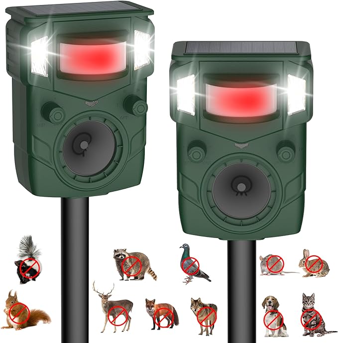 Solar Ultrasonic Animal Repellent, Multi-Modes Deer Repellent Devices,Cat Deterrent Outdoor, Squirrel Raccoon Dog Deterrent with Motion Sensor & Ultrasonic Waves for Garden Yard 2PC