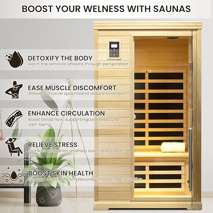 2 Person Far Infrared Sauna,Low EMF Far Infrared Sauna, Wooden Canadian Hemlock Indoor Spa Sauna 1750W Indoor Sauna with Tempered Glass Door/Speakers/Air Hole and LED Lighting/Colorful Lights
