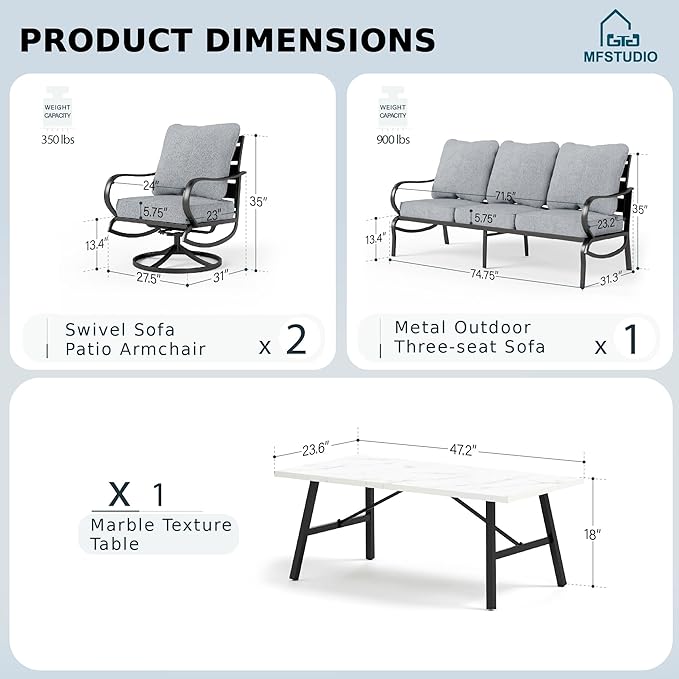 MFSTUDIO 4 Pieces Patio Conversation Sets(5 Seat),Outdoor Metal Furniture Sofas with 1 Loveseat(3 Seat), 2 Swivel Chairs,1 Coffee Table,Wrought Iron with Grey Cushion for Patio Courtyard Balcony