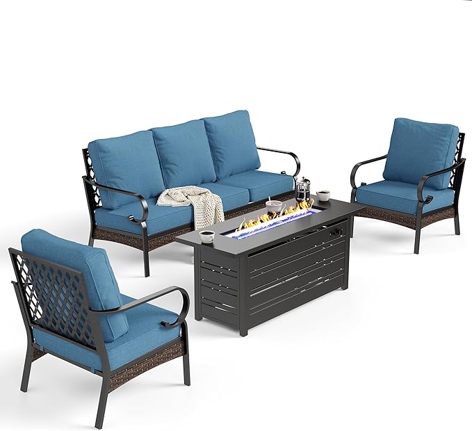 SUNSHINE VALLEY 4 Piece Black Metal Outdoor Patio Furniture Sets with Firepit Table, Patio Conversation Sets 1 3-Seater Sofa, 2 Chairs with 5.75" Thick Cushion Backyard Furniture for Deck, Denim Blue