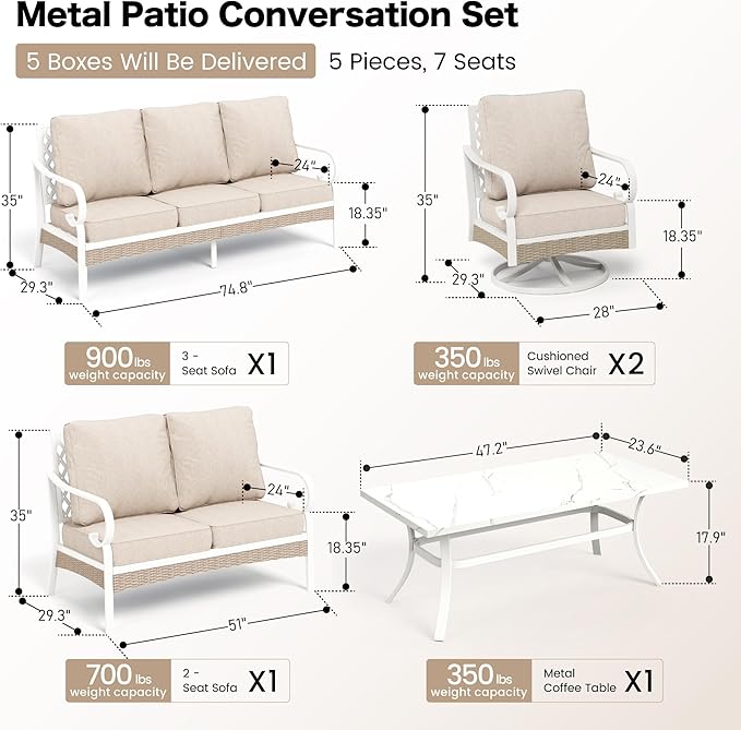 SUNSHINE VALLEY 6 Piece Metal Outdoor Patio Furniture Set, Patio Conversations Set 3-Seater Sofa, 2-Seater Sofa, 2 Swivel Chair with 5.75" Thick Cushion & Coffee Table White Backyard Furniture, Beige