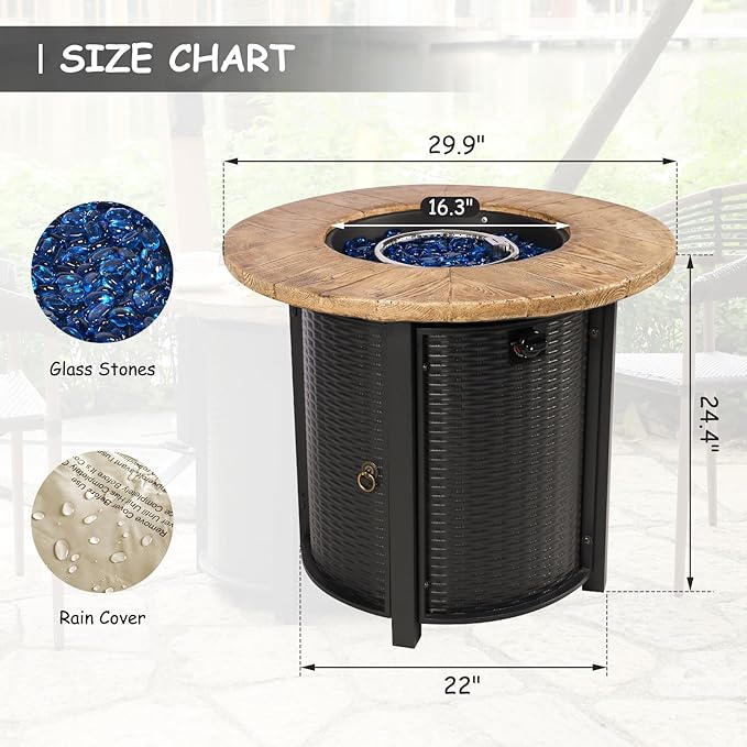 30 Inch Round Propane Fire Pit,50,000 BTU Iron Gas Firepit with Ignition Systems,w/Lid,Glass Stones,Outdoor Fire Table for Outside Patio,Deck-Black