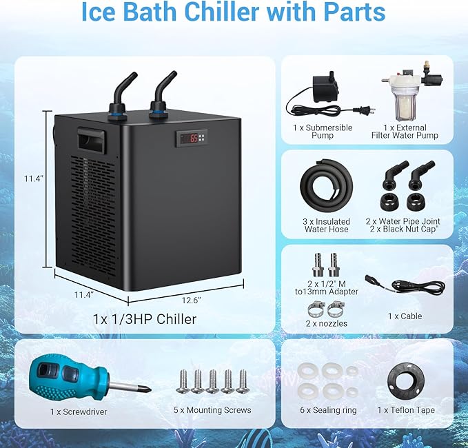 Ice Bath Water Chiller for Cold Plunge Tubs, 1/3 HP Cold Plunge Chiller with Filter & Pump, Insulated Hoses, Ideal for Ice Bath Cold Therapy Recovery 110V