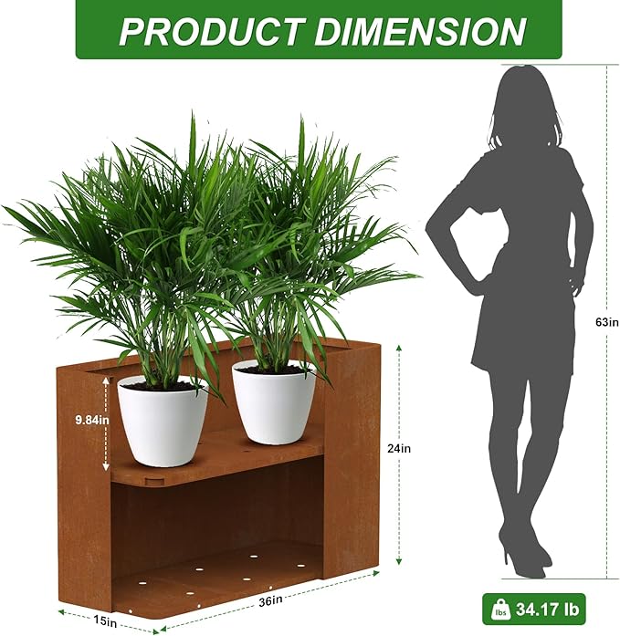 Corten Steel Planter Box 36" L x 15" W x 24" H,Heavy Duty Tall Rectangle Planter Box with Removable Insert Shelves & 4 Drainage Holes for Porch, Garden, Patio, Yard