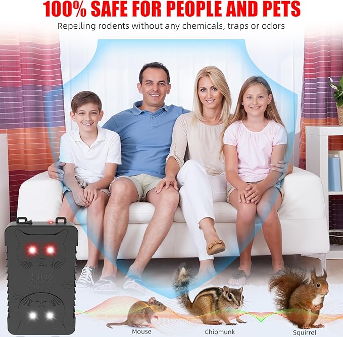 4Pack Ultrasonic Rodent Repellent for Car Engines,Under Hood Ultrasonic Mouse Repellent with 4 LED Strobe Lights,Plug-in&Battery Powered,Keep Rats,Mice,Squirrels Away from Vehicles,RVs,Garages,Attics