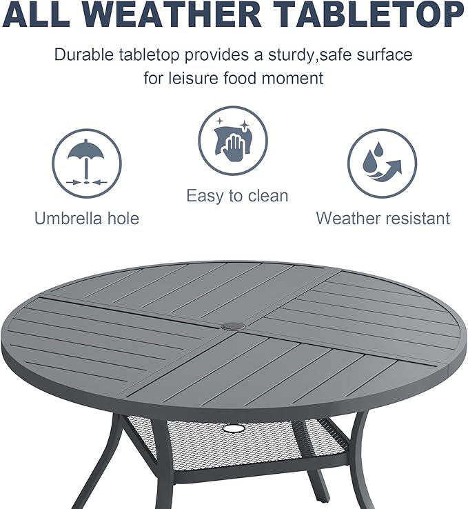 VICLLAX Round Patio Dining Table, 4-6 Person Metal Outdoor Dining Table with Umbrella Hole and Storage Shelf for Garden Lawn Deck, 47.2" Dark Grey
