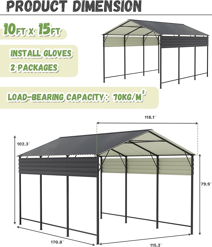Greesum 10x15FT Metal Carport with Heavy Duty Frame and Galvanized Steel Roof, Vertical Carports with Side Support Rods, Canopy Shelter for Car, Pickup Trucks, Boats and Tractors, Party, Gray