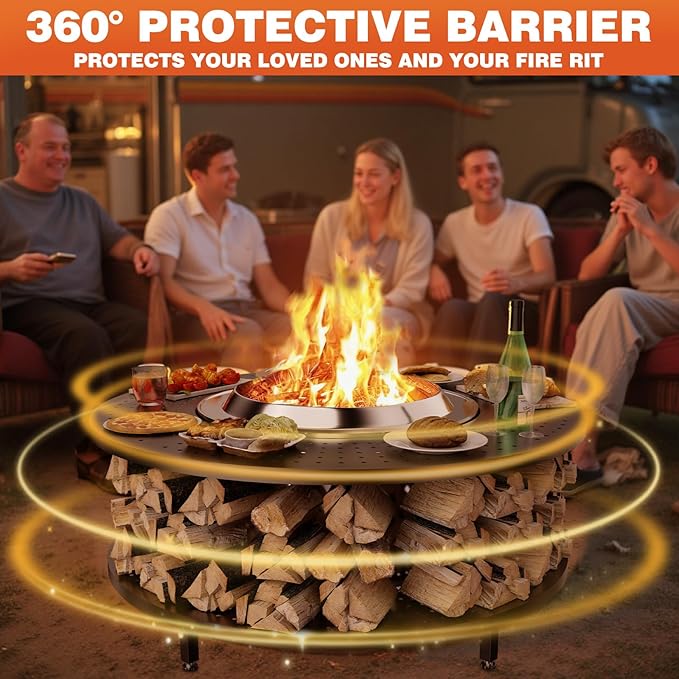 Fire Pit Surround Tabletop for Solo Stove Yukon 1.0 & 2.0, 48" Fire Pit Surround Tabletop with Wood Storage Shelf, Powder-Coated Steel Surround Tabletop with Extra Space with Raised Stand