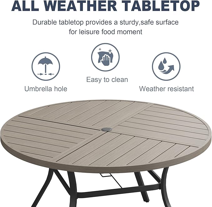 VICLLAX Round Patio Dining Table, 6-8 Person Metal Outdoor Dining Table with Umbrella Hole and Storage Shelf for Garden Lawn Deck, 53" Grey