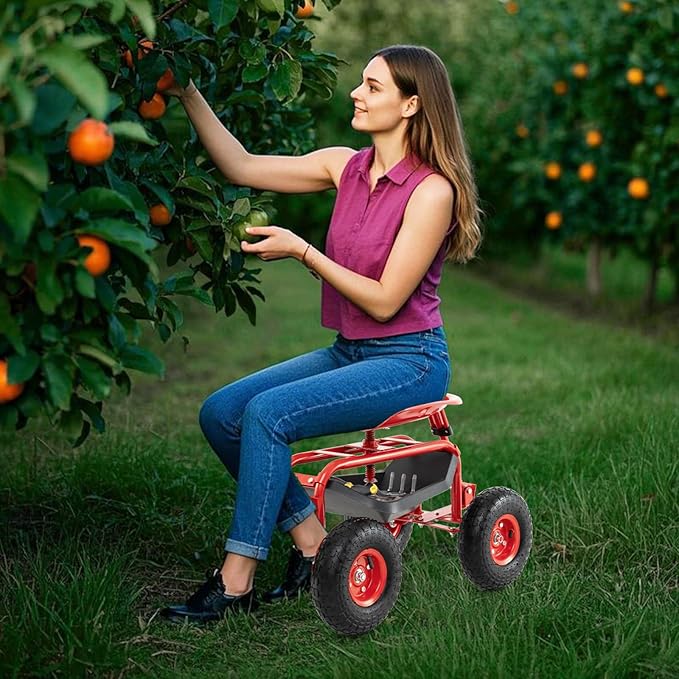 Goplus Rolling Garden Cart with Seat, Outdoor Garden Stool with Wheels, Tool Tray & Basket, Adjustable Steering Handle, 360 Degree Swivel Seat for Planting, Gardening Scooter for Lawn, Yard, Patio