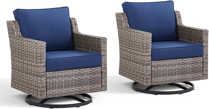 Outdoor Swivel Rocker Patio Chairs-High Back Wicker Swivel Rocker Patio Chairs Set of 2,PE Wicker Chair Patio Furniture Sets with Covered Cushions for Porch Balcony Patio Grey/Blue