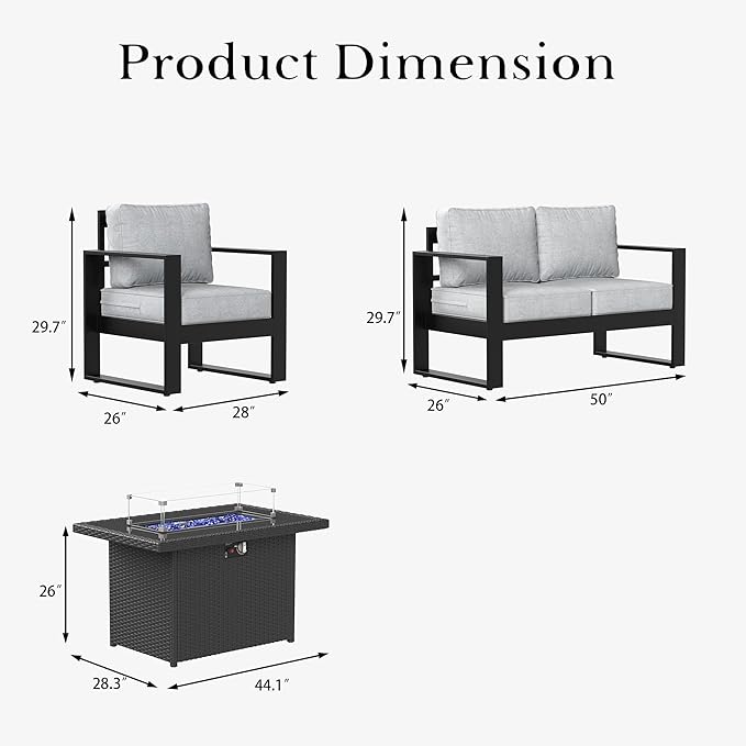 LayinSun 4 Pieces Aluminum Outdoor Patio Furniture Set, Metal Modern Conversation Sofa Set with Fire Pit Table and Washable Thick Cushions for Porch, Backyard, Deck