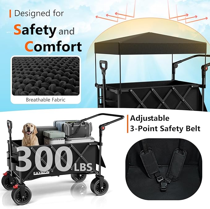 3 in 1 Collapsible Wagon with 300lbs Weight Capacity,150L Heavy Duty Utility Cart with Removable Canopy,with Big All-Terrain Beach Wheels & Drink Holders,Black