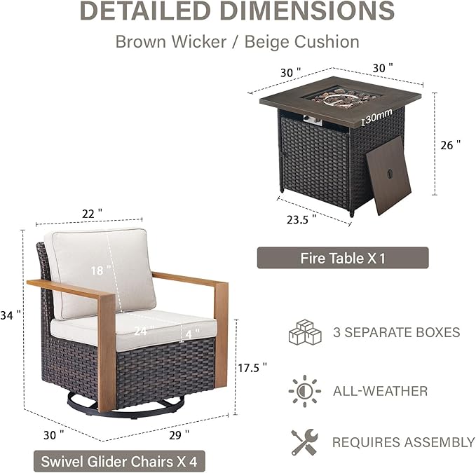 Belord Social 5 Pieces Patio Furniture Set - Swivel Rocker Glider Outdoor Chairs Set of 4 with 50000BTU Propane Fire Pit Table, Durable Wicker Outdoor Conversation Set for Casual Gathering