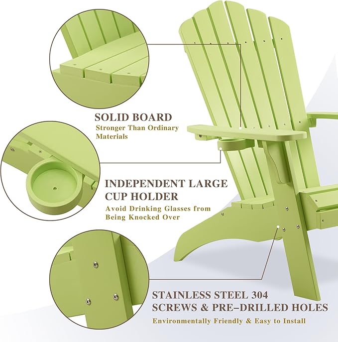 Psilvam Adirondack Chair, Oversized Poly Lumber Fire Pit Chair with Cup Holder, 350Lbs Support Patio Chairs for Garden, Weather Resistant Outdoors Seating, Relaxing Gift for Father & Mother (1, Green)