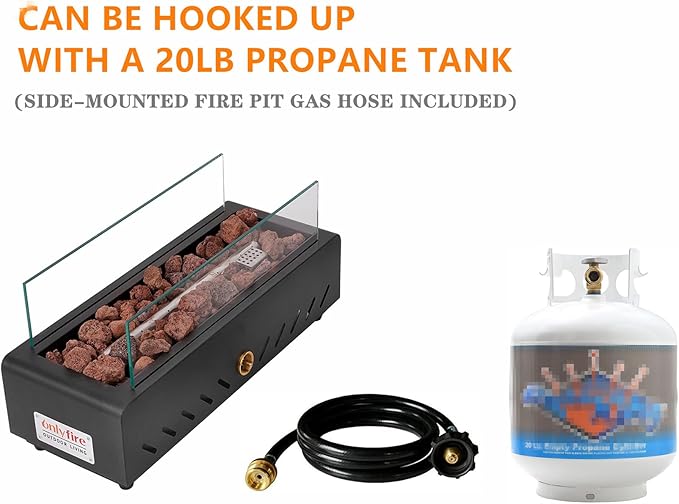 ONLYFIRE OUTDOOR LIVING 18" Propane Gas Fire Pit with Glass Wind Guard & Lava Rocks, Portable Tabletop Smokeless Firepit Side-Mounted for Patio Backyard Camping Tailgating RV, Hose Included, FP026