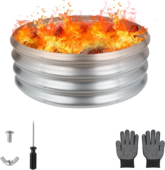 24 Inch Round Galvanized Fire Pit Ring, Silver Round Galvanized Fire Ring, 2 Feet Diameter Fire Pit, Outdoor Pits for Backyard, Camping, Bonfire