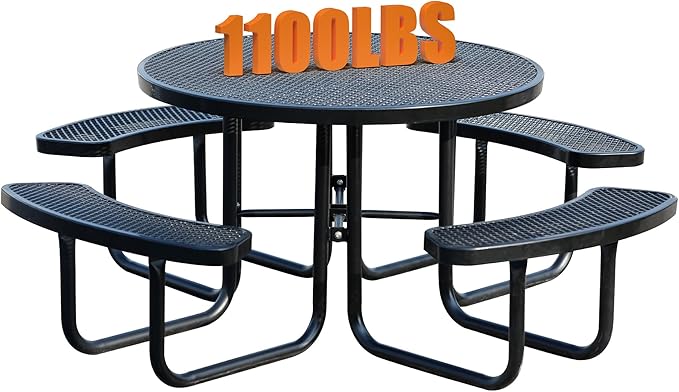 8-Person Outdoor Picnic Tables,46" Heavy-Duty Metal Round Picnic Table,Expanded Metal Commercial-Grade Table with 4 Benches & Umbrella Hole,Waterproof Coating Beach Table for Patio,Garden, Backyard