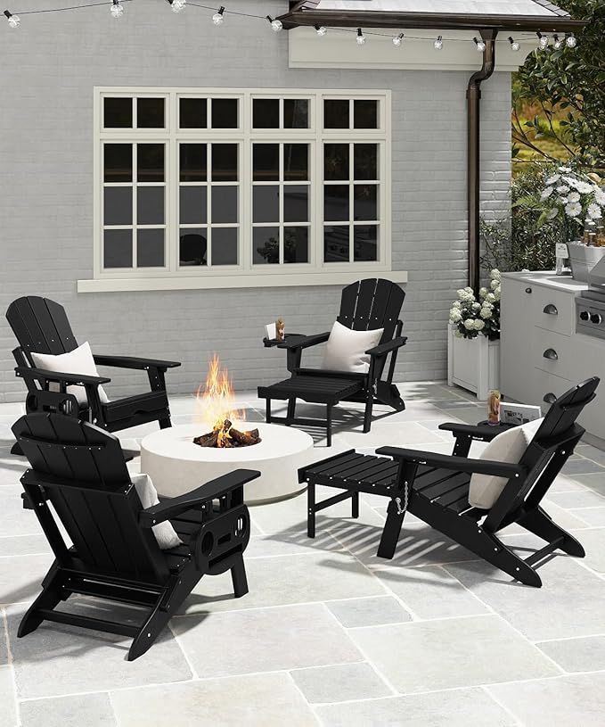 Adjustable Adirondack Chair with Retractable Ottoman Set of 2, HDPE Folding Adirondack Chair with Cup Holder, All Weather Fire Pit Chair for Outdoor.