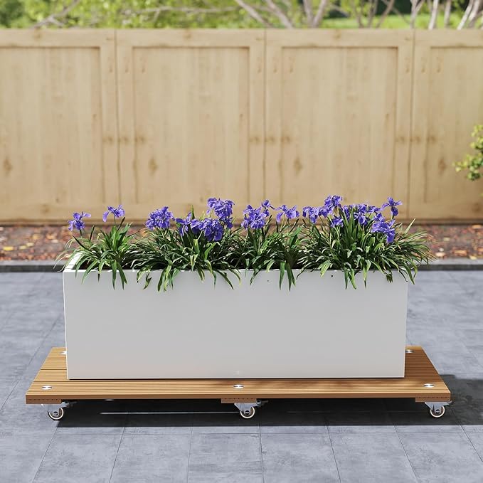 mondaria 2 Pack Plant Caddy with Wheels, Wood Plastic Composite Plant Stand, Heavy Duty Rectangular Plant Dolly with Metal 360° Lockable Caster Wheels for Large Plant Pots, Flower Pot ,Brown