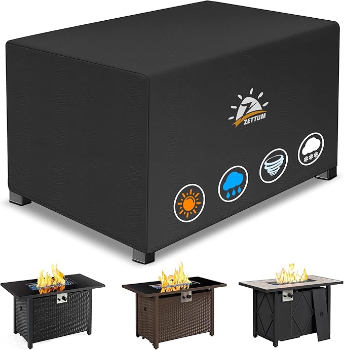 Zettum Fire Pit Cover Rectangular 44 Inch - Outdoor Fire Table Cover Rectangle Heavy Duty & Waterproof, 600D Patio Propane Gas Firepit Cover Rectangular Fade & Weather Resistant - 44 x 28 x 24 Inch