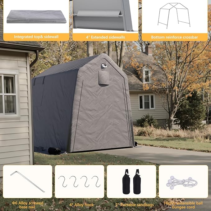 6x8 FT Outdoor Storage Shed, Portable Outdoor Storage Shelter with Roll Up Zipper Door and Vent Windows, Silver Grey