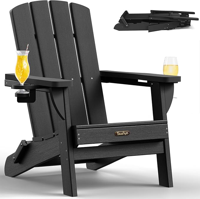 Folding Adirondack Chair, HDPE All-Weather Fire Pit Chairs, Plastic Adirondack Chairs with 2 Cup Holder, Outdoor Lawn Chair for Patio Garden (Black)