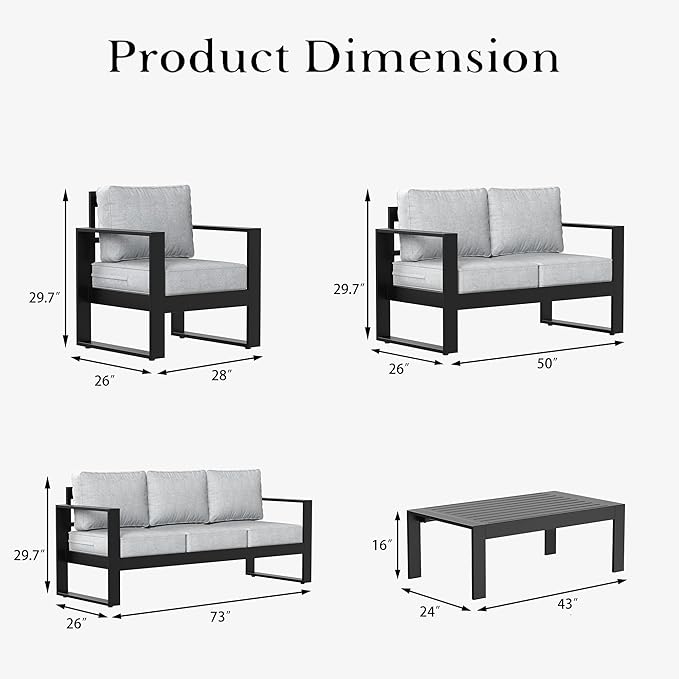 LayinSun 5 Pieces Aluminum Outdoor Patio Furniture Set, Metal Modern Conversation Sofa Set with Coffee Table and Washable Thick Cushions for Porch, Backyard, Deck