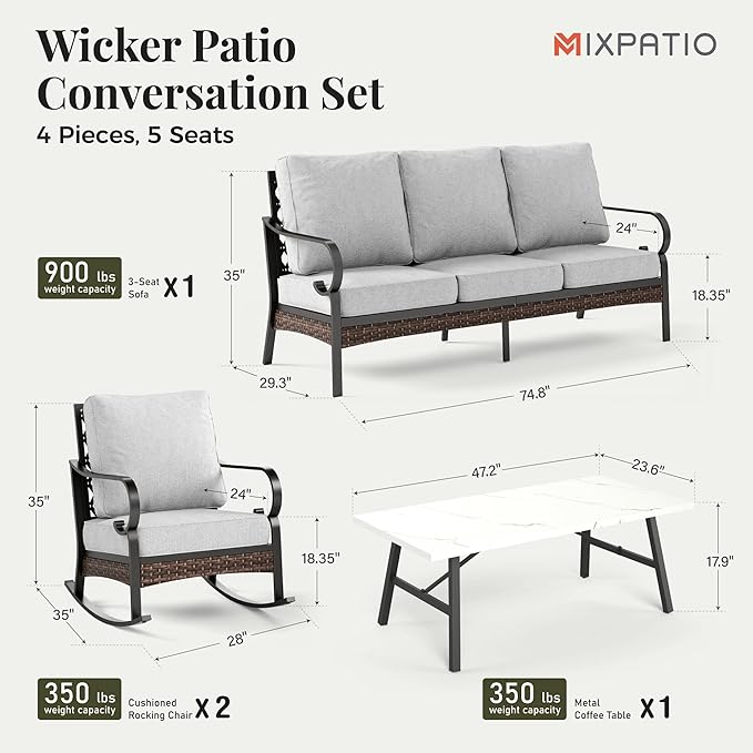Patio Furniture Set with Coffee Table, Outdoor Conversation Set with 2 x Rocking Chairs, 1 x 3-Seat Sofa for Lawn Garden Backyard, Light Grey