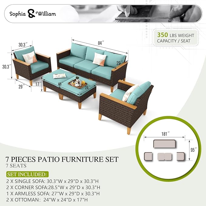 Sophia & William Patio Furniture Sets, 7 Piece Sectional Outdoor Rattan Wicker Sofa, All Weather Patio Conversation Set for Deck Backyard Lawn, Outdoor Couch, Blue